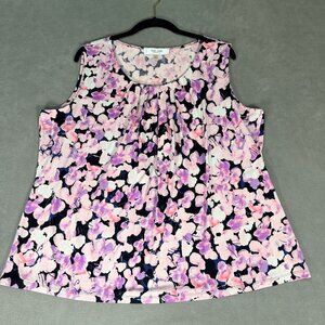 Jones Studio Separates-Floral Pink/Purple Sleeveless Pleated Top/Shell/Blouse 1X